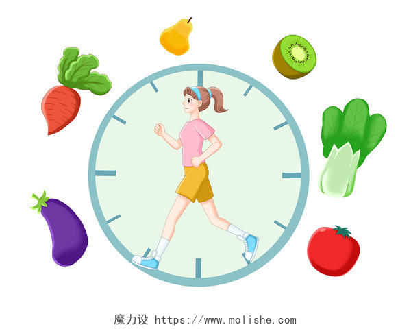 卡通扁平人物跑步围绕着健康饮食蔬果宣传元素
